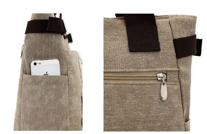 beež õlakott mustade sangadega ja taskuga, milles on telefon