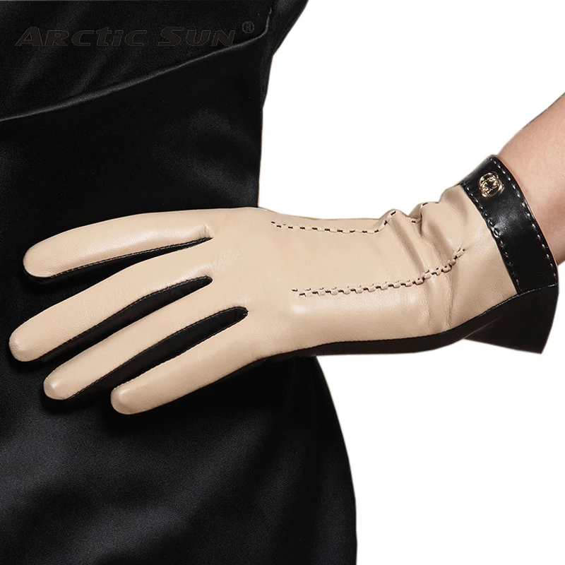 Top Trends: Real Leather Gloves Female Fashion Two Tones Touchscreen Sheepskin Warm Plushed Lined Women Driving Gloves Ladies L169NC2 Shoppable Styles