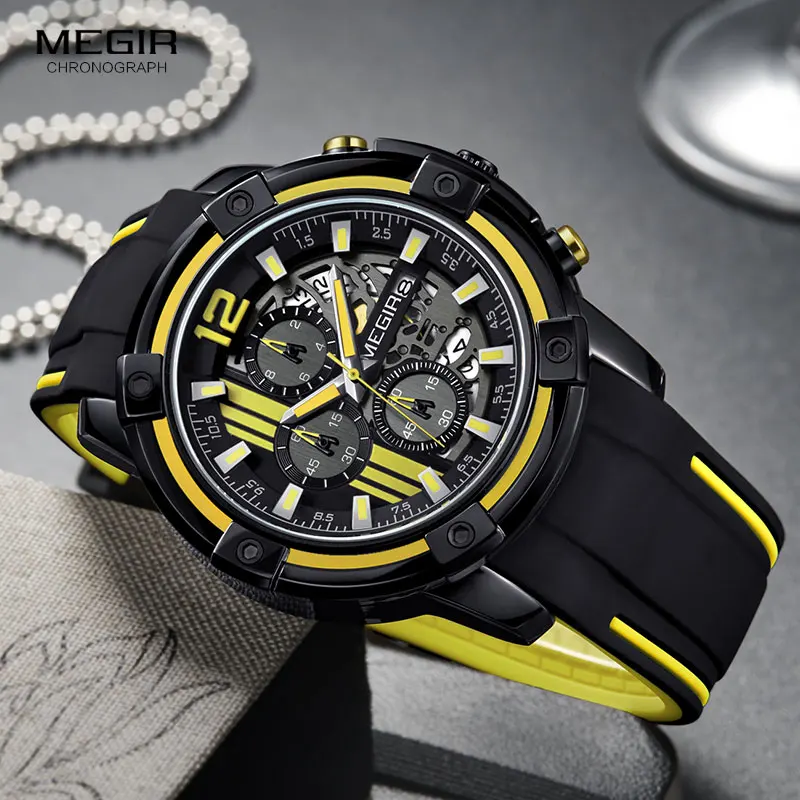 Top Trends: Megir Men&#039;s Black Silicone Strap Quartz Watches Chronograph Sports Wristwatch For Man 3atm Waterproof Luminous Hands 2097 Yellow Shoppable Styles