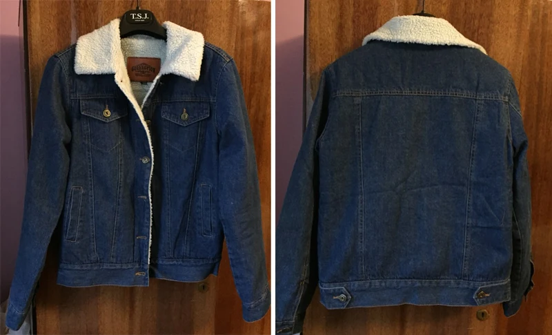 sinine teksatagi valge karvase voodriga ja nelja taskuga