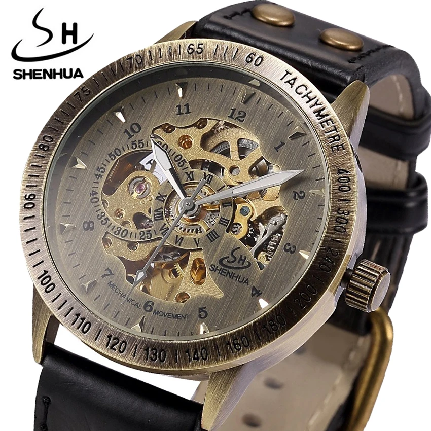 Top Trends: Bronze Automatic Mechanical Watch Men Leather Strap Steampunk Self-Wind Male Mechanical Clock Wristwatch Relogio Masculino 2020 Shoppable Styles