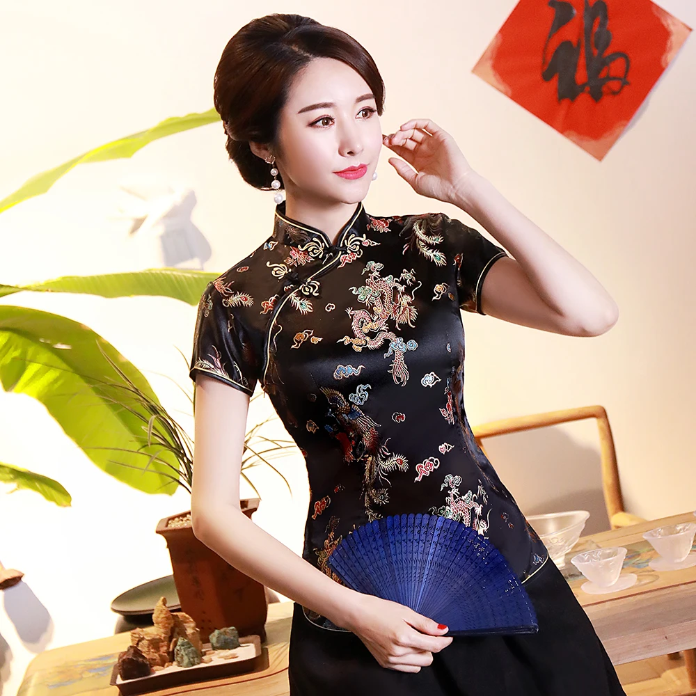 Top Trends: Black Summer Short Sleeve Lady Casual Shirt Traditional Chinese Style Tang Top Classic Mandarin Collar Blouse Vintage Clothes Shoppable Styles