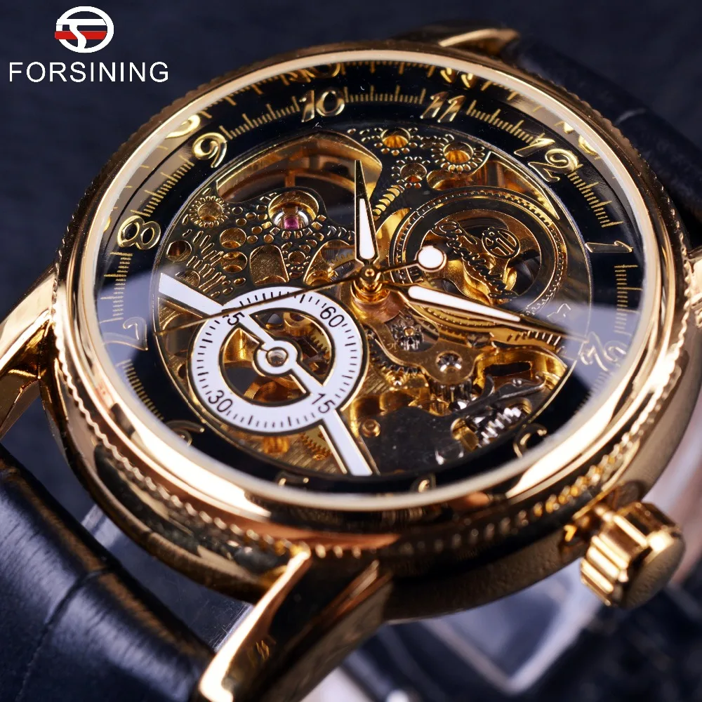 Top Trends: 2016 Forsining Hollow Engraving Skeleton Casual Designer Black Golden Case Gear Bezel Watches Men Luxury Brand Automatic Watches Shoppable Styles