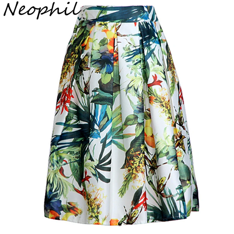 Top Trends: Neophil 2023 Fashion Hot Tropical Floral Print High Waist Fluffy Pleated Saias Flare Satin Tutu Midi Skater Skirts Womens S07047 Shoppable Styles