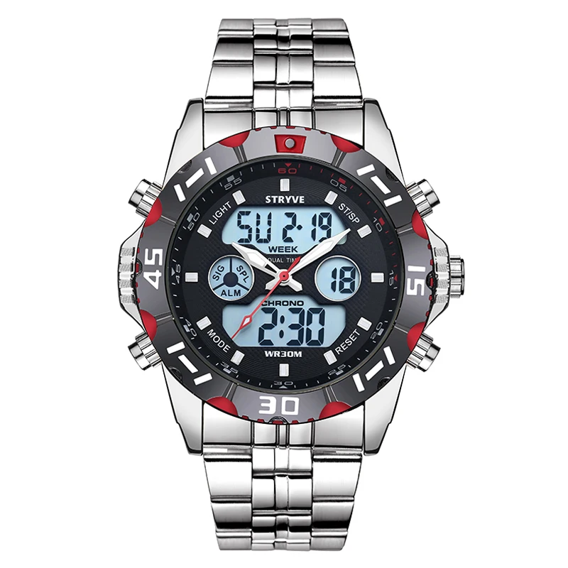 Top Trends: Stryve 811 Brand Men's Sports Watch 3ATM Waterproof LED Quartz Dual Display Military Stainless Steel Band Men's Watches Hot Sale Shoppable Styles