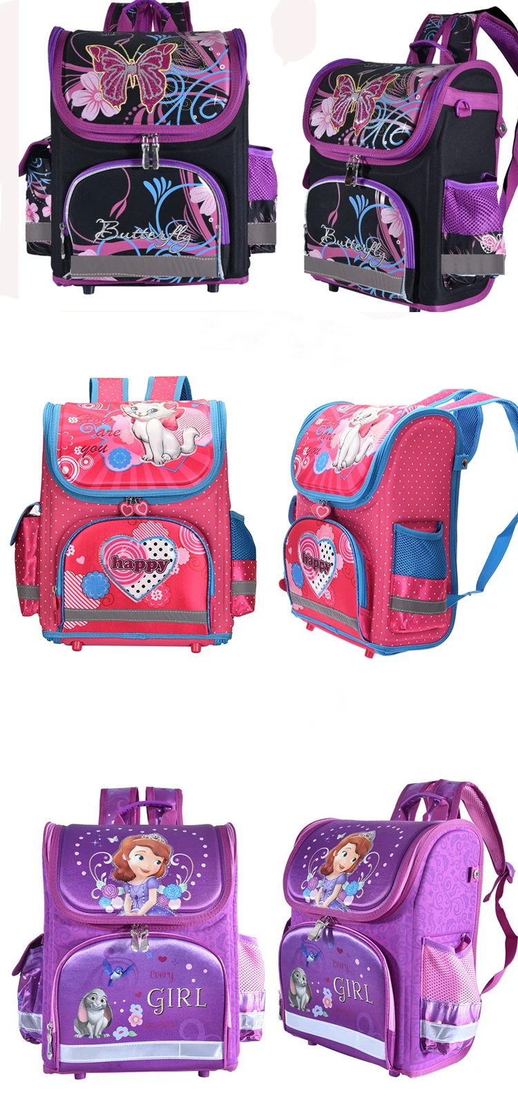 kolm värvilist laste koolikotti liblikate, kasside ja printsessidega