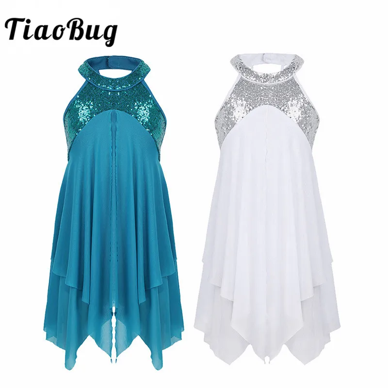 Top Trends: Tiaobug Girls Halter Sequin Backless Ballet Dance Dress Kids Lyrical Contemporary Dance Dress Gymnastics Leotard Shoppable Styles