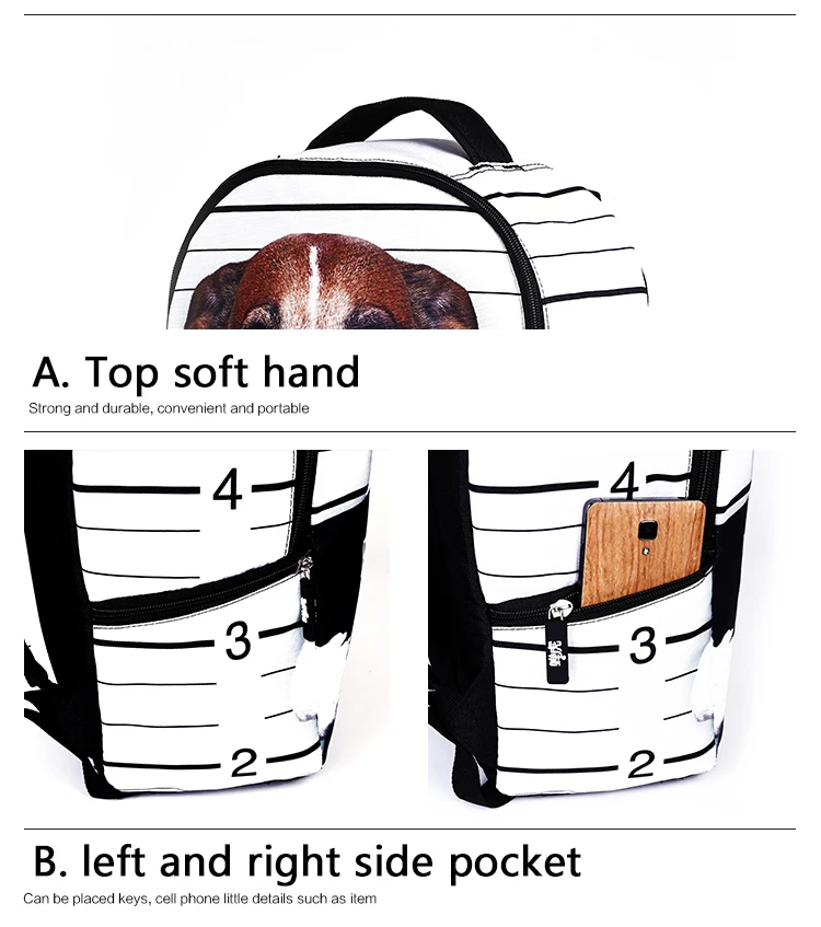 valge seljakott koera pildiga ja mustade triipudega, millel on pehme käepide ja küljetaskud