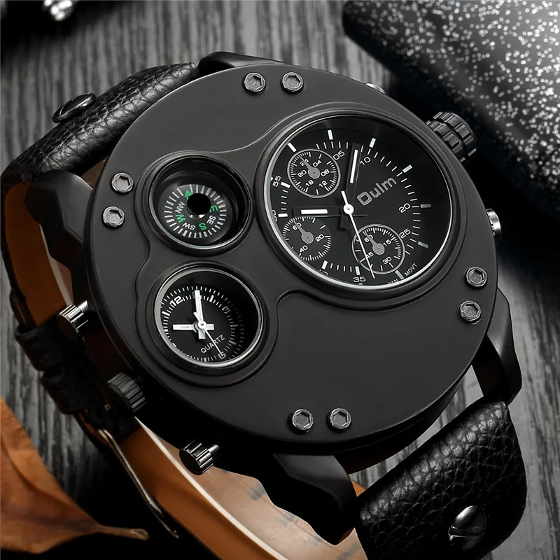 Top Trends: Oulm New Fashion Casual Sport Men's Watches Black Leather Dual Time Zone Wristwatch Male Quartz Big Size Luxury Military Watch Shoppable Styles