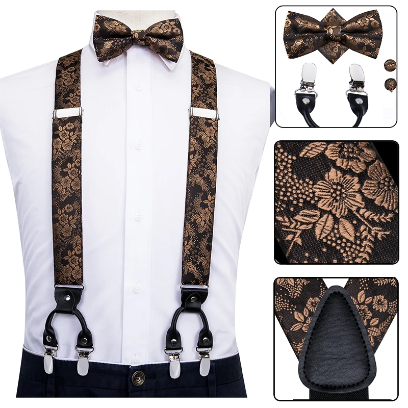 Top Trends: Hi-Tie Silk Adult Men&#039;s Suspenders Set Leather Metal 6 Clips Braces Gold Brown Floral Vintage Men Fashion Wedding Suspenders Men Shoppable Styles