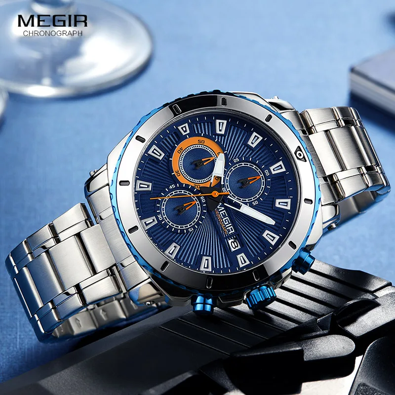 Top Trends: MEGIR Men's Blue Dial Chronograph Quartz Watches Fashion Stainless Steel Analogue Wristwatches For Man Luminous Hands 2075G-2 Shoppable Styles - Image 2