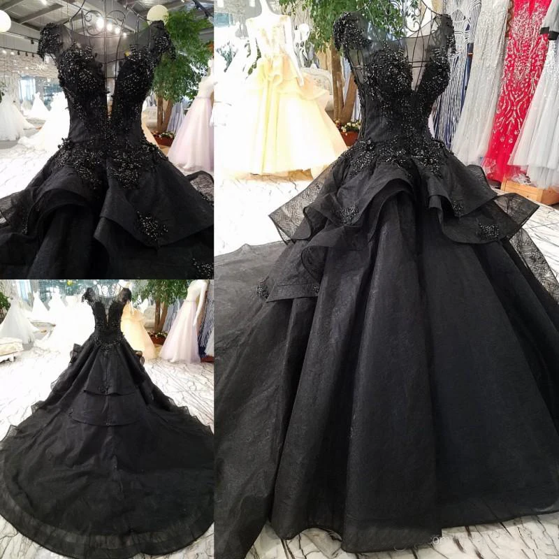 Top Trends: Luxury Black Wedding Dresses Gothic Court Vintage Bridal Gowns Princess Long Train Beaded Cap Sleeves Wedding Gown Shoppable Styles