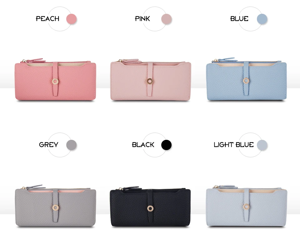 kuus erinevat värvi naiste rahakotti, millel on tõmblukk ja nööpkinnitus
