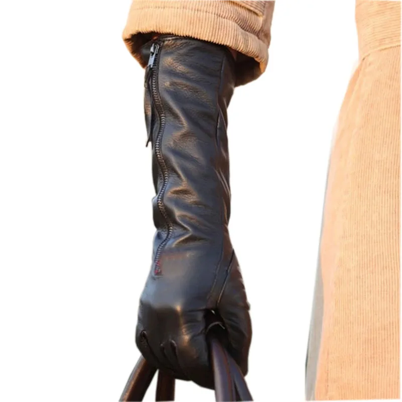 Top Trends: Winter Women Solid Black Genuine Leather Gloves With Zipper Fashion Sheepskin Glove Warm Thermal L031NQ-5 Shoppable Styles