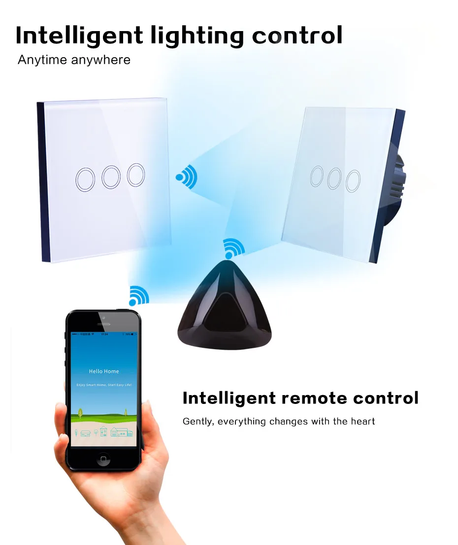 kaks puutetundlikku lülitit ja nutitelefon, mis on ühendatud kaugjuhtimispuldiga