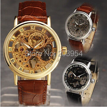 Top Trends: Fashion Steampunk Wristwatch Womens Watches Golden Hand Wind Movement Skeleton Leather Mens Luxury Mechanical 3 Color Shoppable Styles