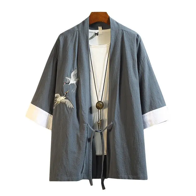 Top Trends: M-5XL Japanese Streetwear Kimono Shirt Men Chinese Dragon Embroiderd 3 / 4 Sleeve Collarless Shirts Cotton Office Wear XXXXXL Shoppable Styles