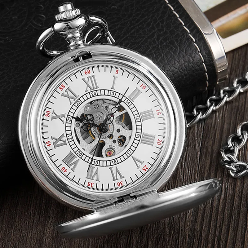 Top Trends: Vintage Silver Pocket Watch Mechanical Man Hand Wind Steampunk Necklace Fob Watch Chain Roman Numerals Lady Clock For Women Men Shoppable Styles