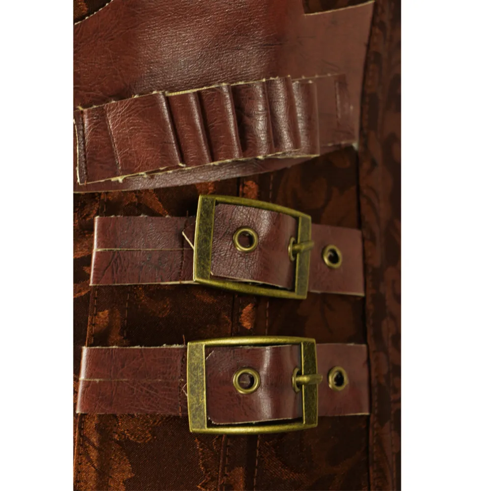 pruun kunstnahast korsett metallist pandlate ja mustrilise kangaga