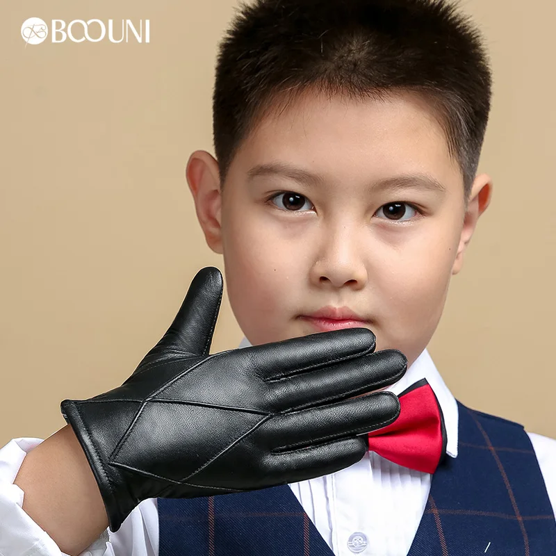 Top Trends: BOOUNI Genuine Leather Children Gloves Five Fingers Autumn Winter Warm Velvet Lined Kids Boys Sheepskin Gloves NM964 Shoppable Styles