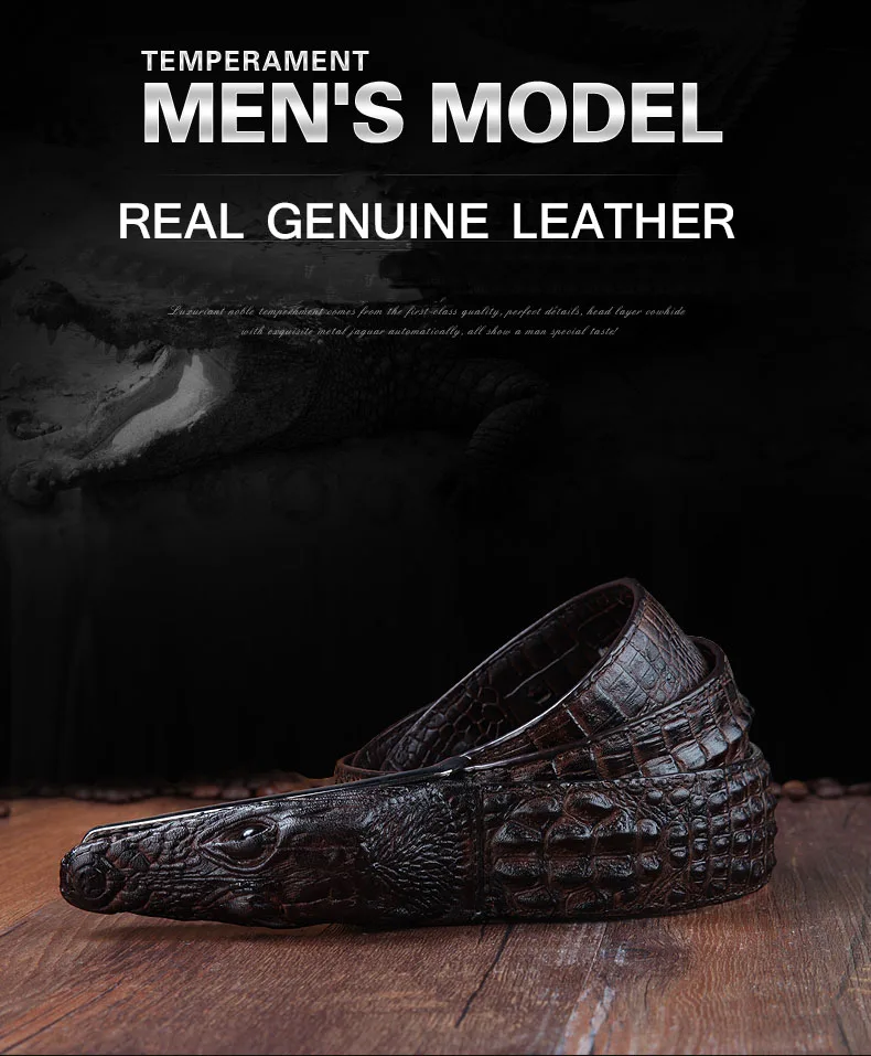 tumepruun krokodillinaha mustriga nahast püksirihm puidust pinnal