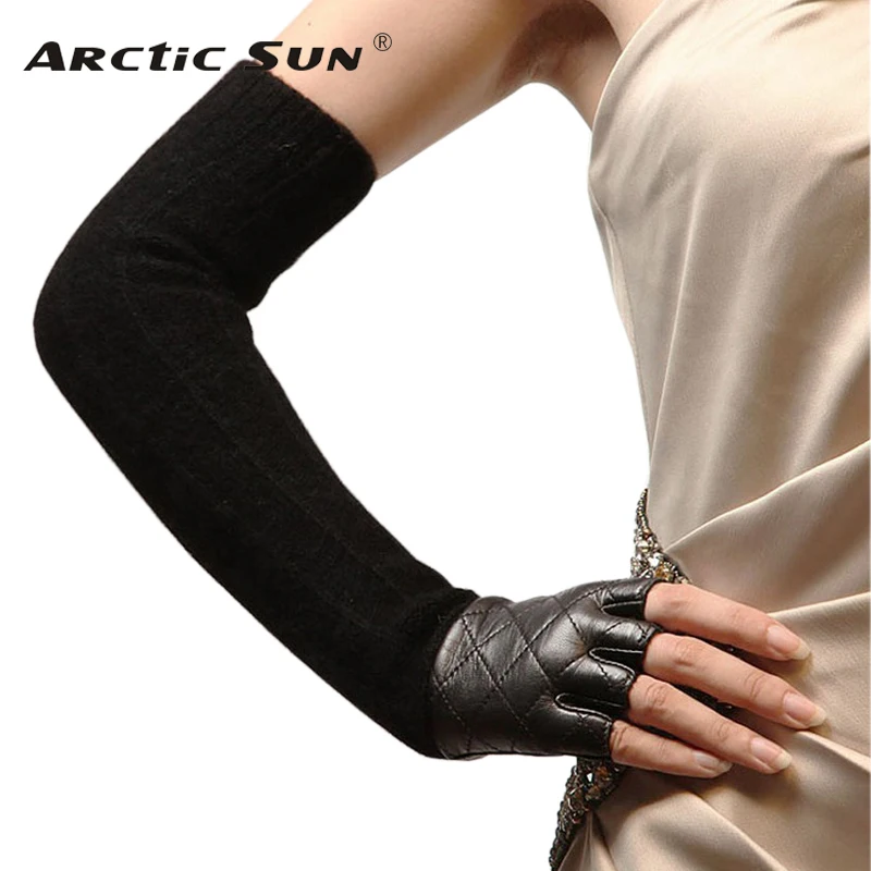 Top Trends: Promotion Women Sheepskin Long Fingerless Gloves Punk Fashion Genuine Leather Opera Solid Lady Mitten Winter Wool Glove L111NQ Shoppable Styles