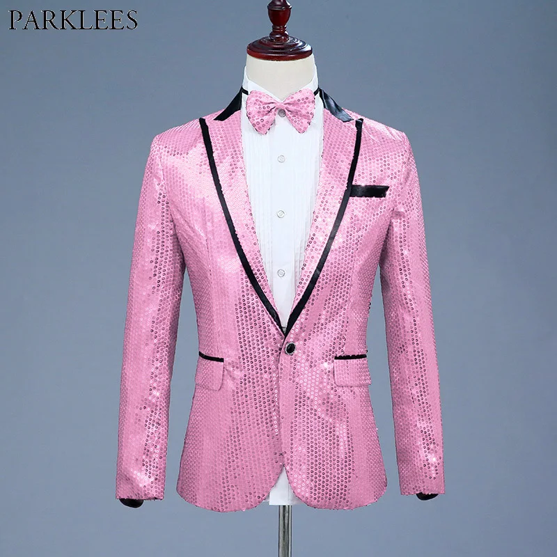 Top Trends: Pink Sequin One Button Dress Blazers 2018 Brand New Nightclub Prom Men Suit Jacket Wedding Stage Singer Costume (Bowtie Include) Shoppable Styles