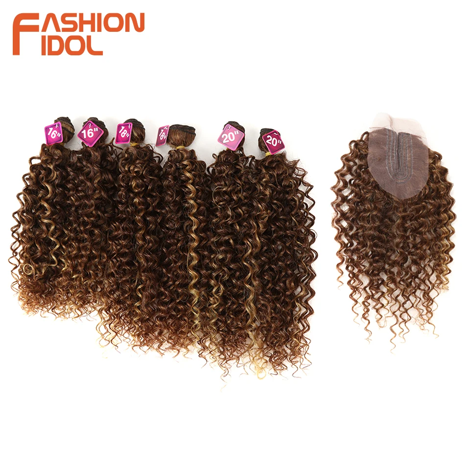 Top Trends: FASHION IDOL Afro Kinky Curly Hair Synthetic Hair Bundles Middle Part Lace With Closure 16-20 Inch Weave Fake Hair Extensions Shoppable Styles