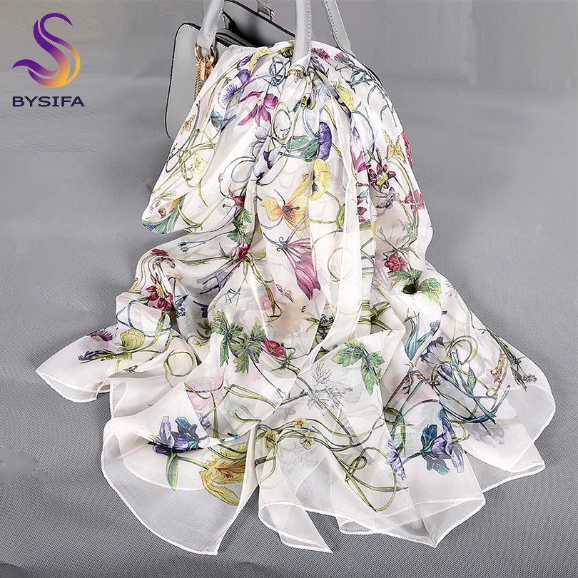 Top Trends: BYSIFA White 100% Silk Scarf Cape Fashion Floral Design Long Scarves Women Summer Utralong Beach Shawl Winter Scarves180*110cm Shoppable Styles