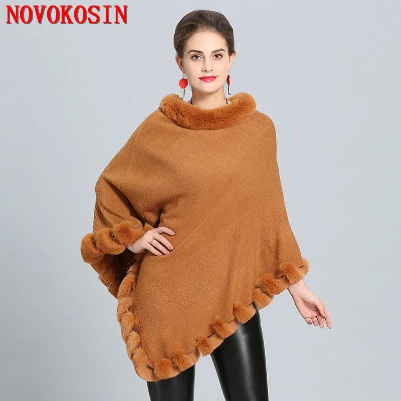 Top Trends: Women Capes Solid Poncho Winter Faux Rabbit Fur Neck Shawl Knitted Triangle Knurling Cappa Plus Size Pullover Coat Shoppable Styles