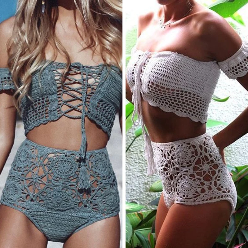 Top Trends: Crochet High Leg Bandeau Bikini Set Swimwear Female Two Pieces Swimsuit High Waist Bikini Women Bathing Suit Biquini 2019 New Shoppable Styles