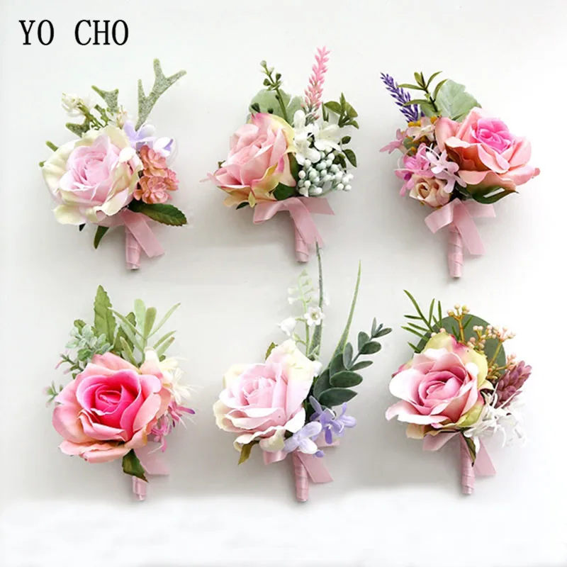 Top Trends: YO CHO Boutonniere Wedding Corsages And Boutonnieres Pink Roses Silk Flowers Boutonnieres Groom Men Marriage Wedding Accessories Shoppable Styles