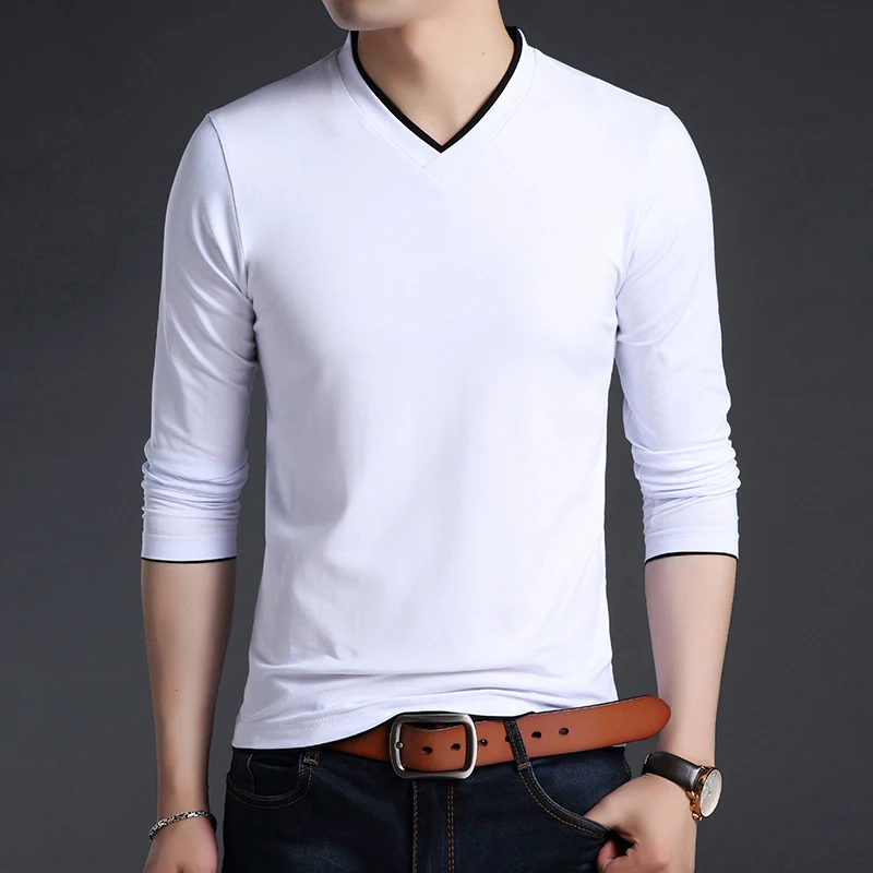 Top Trends: 2023 New Fashion Brand T Shirts Men V Neck Street Wear Tops Trending Mercerized Cotton Korean Long Sleeve Tee Men Clothing Shoppable Styles