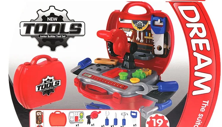 punane laste tööriistakomplekt kohvris, sisaldab erinevaid tööriistu