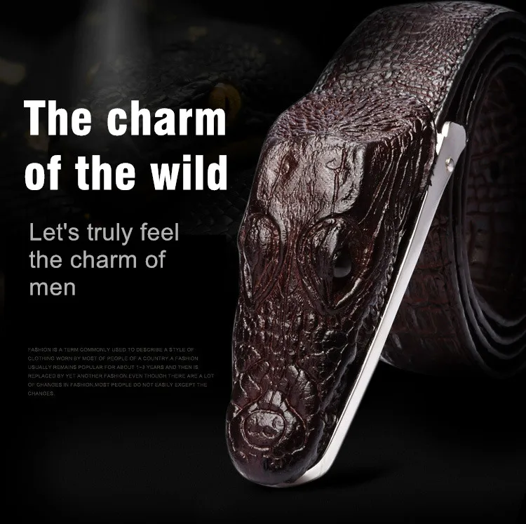 tumepruun krokodillinahka meenutav püksirihm metallist pandlaga