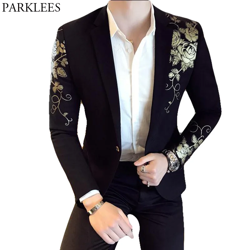 Top Trends: Gold Flower Print One Button Blazer Jacket Men 2023 Brand New Party Wedding Festival Stylish Slim Suit Blazer Men Costume Homme Shoppable Styles