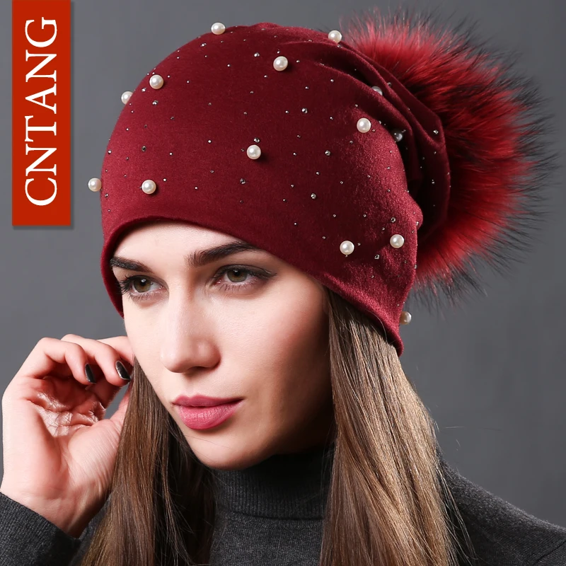 Top Trends: CNTANG 2022 Women's Fashion Hat Autumn Winter Rhinestones Pearl Hats Female Beanies Natural Raccoon Fur Pompom Cotton Warm Caps Shoppable Styles