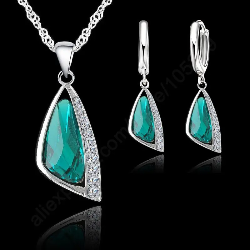 Top Trends: Hot Selling 925 Sterling Silver Women Wedding Jewelry Sets With Green Triangle Crystal Earrings Necklace Set Wedding Gifts Shoppable Styles