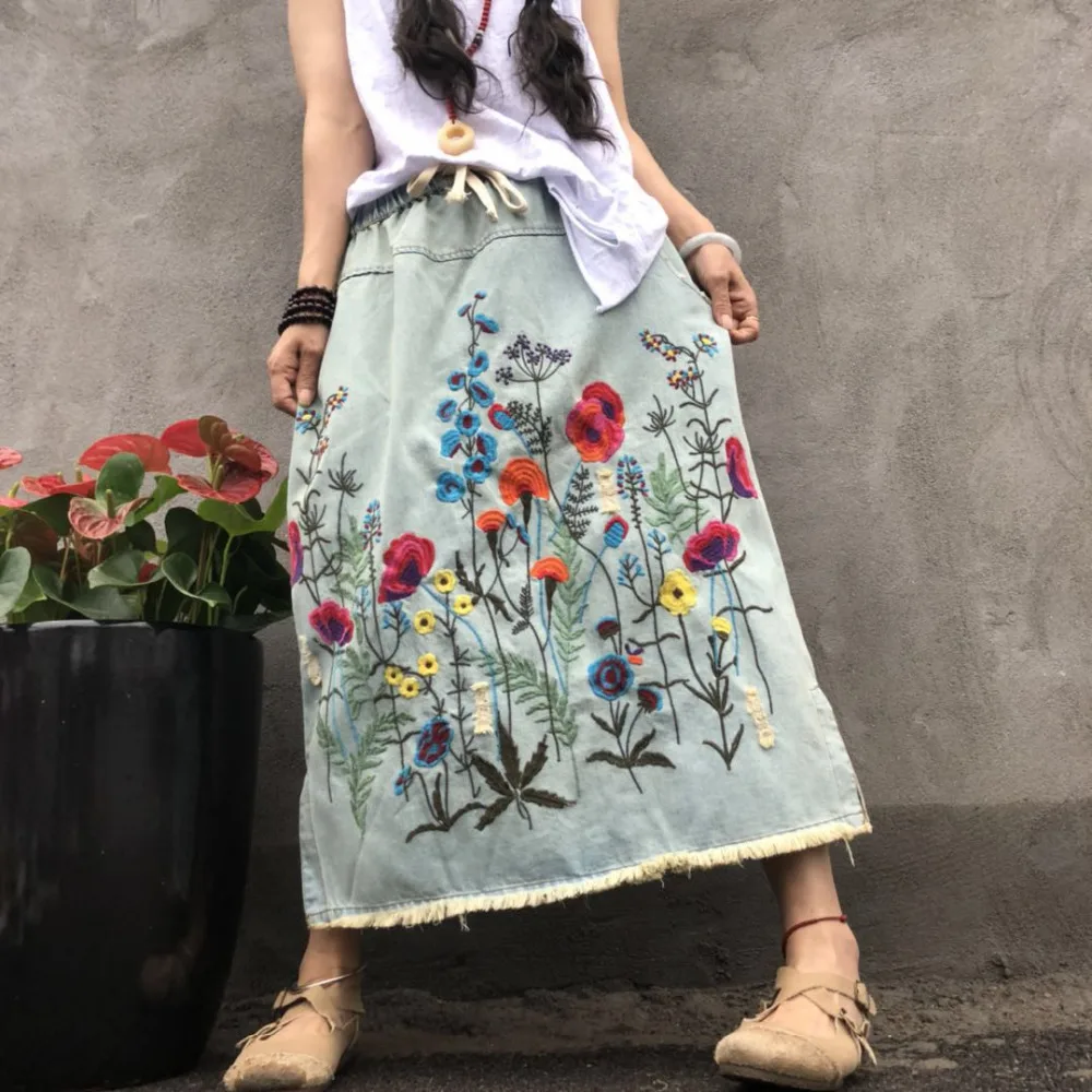 Top Trends: 2023 New Tassels Cotton Denim Long Mid-calf Skirts For Women Summer Spring Elastic Waist A-line Embroidery Holes Shoppable Styles