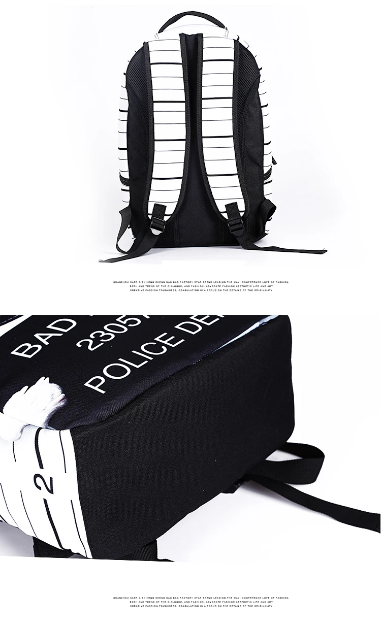 must ja valge seljakott triipudega ning tekstiga