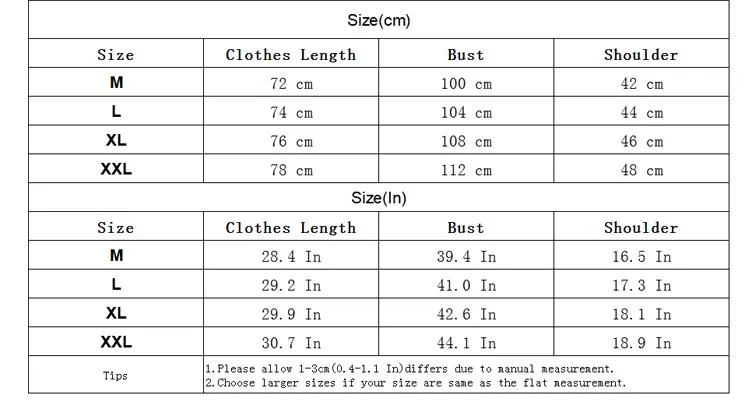 suuruste tabel, mis näitab riiete pikkust, rinnaümbermõõtu ja õlgade laiust suurustes M kuni XXL
