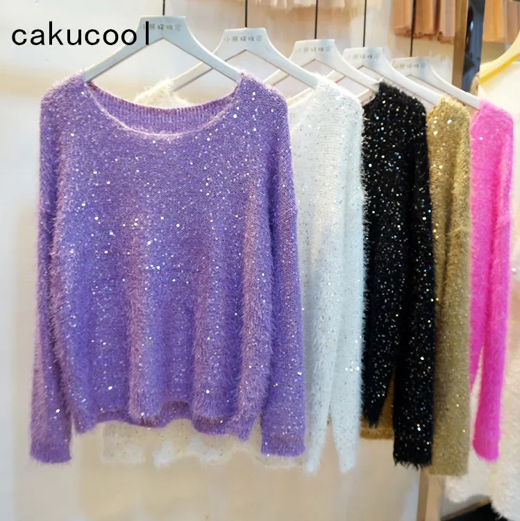 Top Trends: Cakucool Hot Women Sequined Sweaters Long Sleeve Big O-neck Mink Hair Jumper Loose Casual Embellished Sweater Knit Tops Female Shoppable Styles