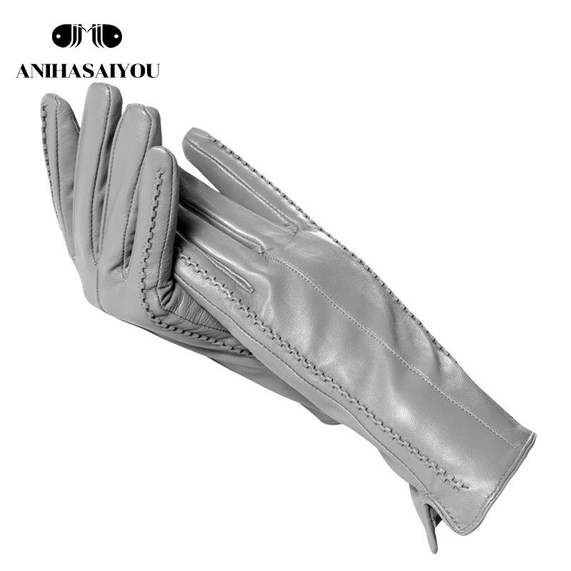 Top Trends: High Grade Women Leather Gloves, Genuine Leather Light Grey Warm Women&#039;s Winter Mittens, Simple Sheepskin Gloves Female-2226H Shoppable Styles