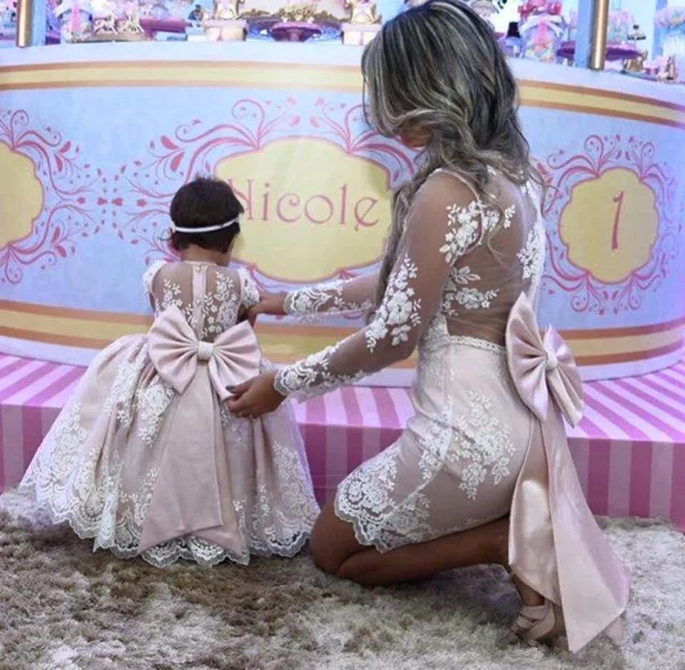 Top Trends: Mother Daughter Princess Pink Lace Ball Gown Flower Girl Dresses Long Sleeves Mother Of Bride Dresses With Big Bow Shoppable Styles