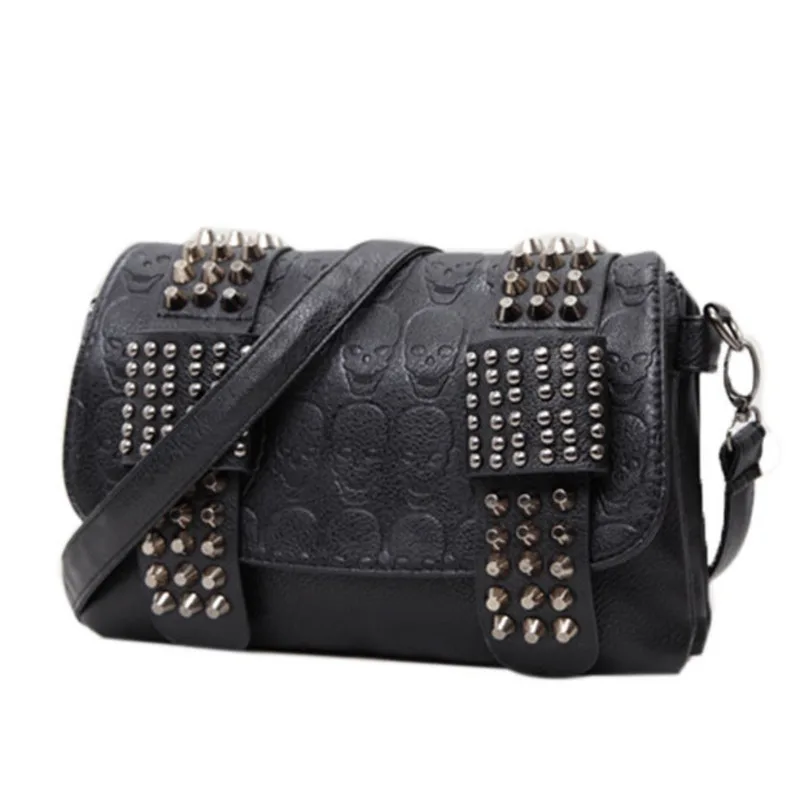 Top Trends: JIETOTYX Women Black Leather Messenger Bags Single Skull Rivet Shoulder Bags Sac A Main Bolsa Black Vintage Sexy Bag Lady Drop Shoppable Styles