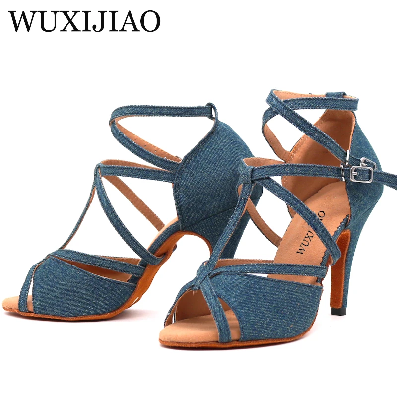 Top Trends: WUXIJIAO Denim Fabric Women Professional Latin Dance Shoes Salsa Ballroom Samba Dance Shoes Ladies High Heels Soft Heel 5-10cm Shoppable Styles