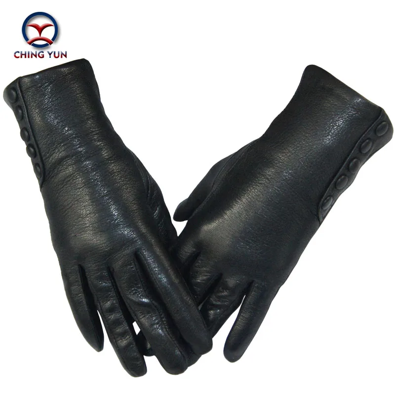 Top Trends: CHINGYUN New Women Genuine Glove Soft Thicken Bow Leather Gloves Winter Autumn Ladies Fashion Brand Black Warm Leather Fv02 Shoppable Styles - Image 2