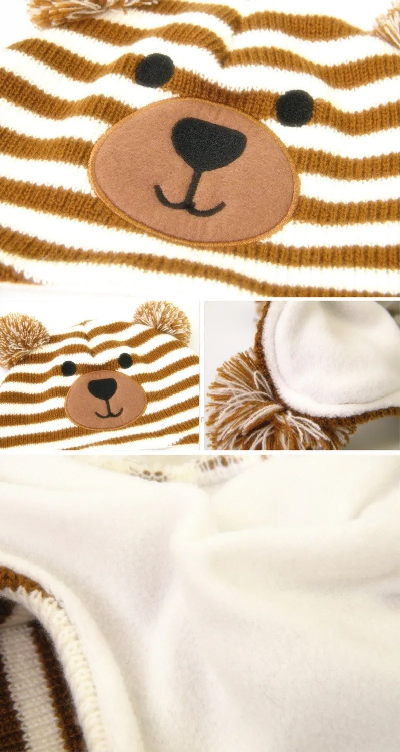 pruunide ja valgete triipudega laste müts, millel on karu näo kujutis