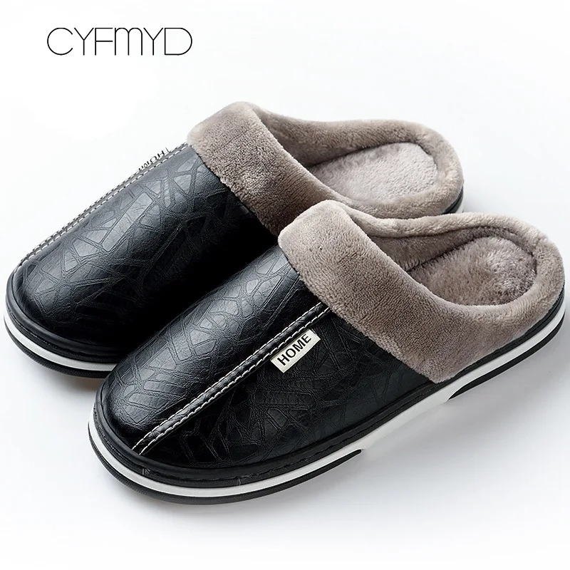 Top Trends: Men&#039;s Slippers Home Winter Indoor Warm Shoes Thick Bottom Plush Waterproof Leather House Slippers Man Cotton Shoes 2022 New Shoppable Styles