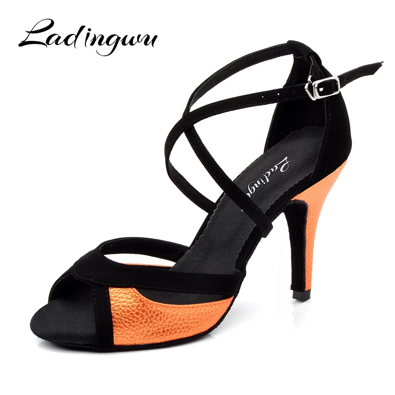 Top Trends: Ladingwu Salsa Dance Shoes For Women Black Flannel And Orange PU Latin Dance Shoes Women&#039;s Ballroom Dance Sandals Heel 10cm Shoppable Styles